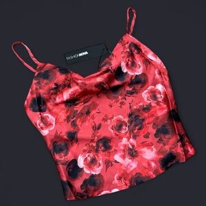 Vibrant Red Floral Cowl Neck Camisole